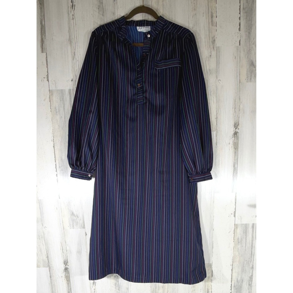 JJ Dean Dress Large Navy Blue Striped Henley Midi Vintage Mod Boho Secretary
